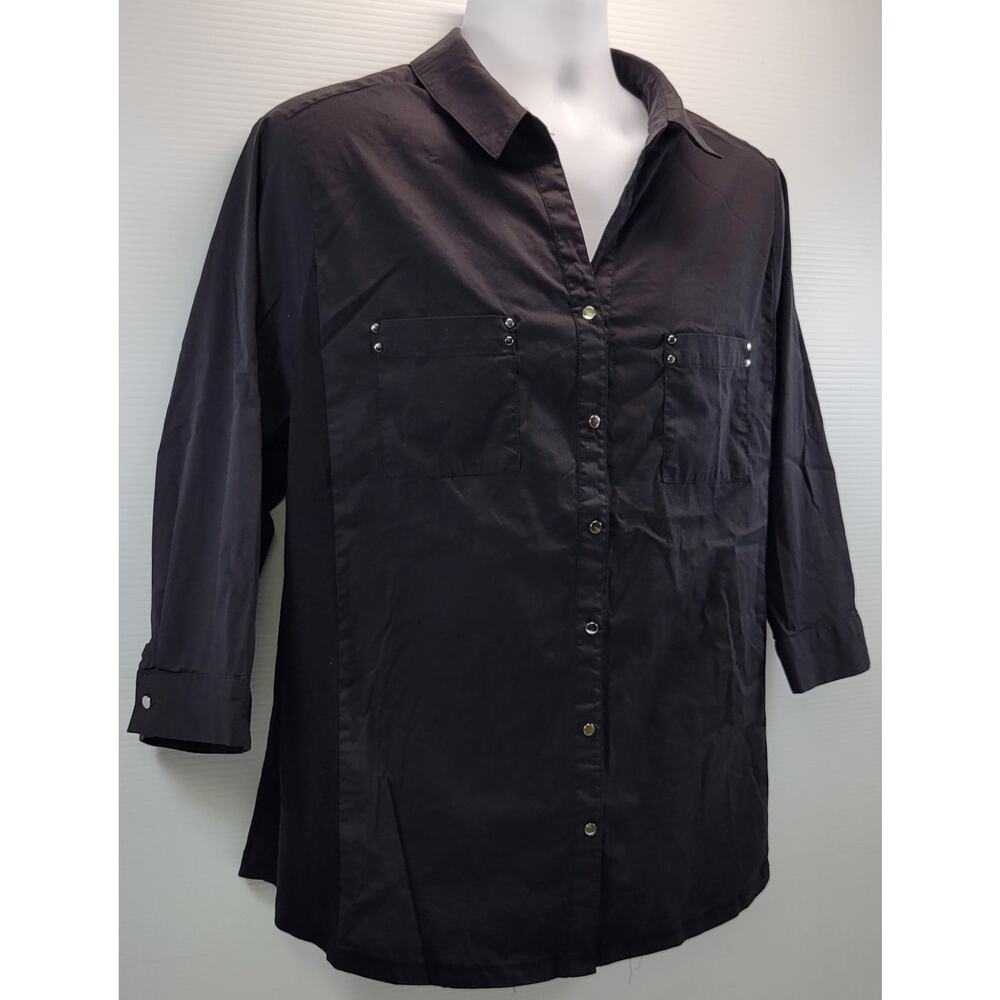 G) Avenue Woman Black 3/4 Sleeve Button Down Shirt 22/24 - Picture 2 of 11